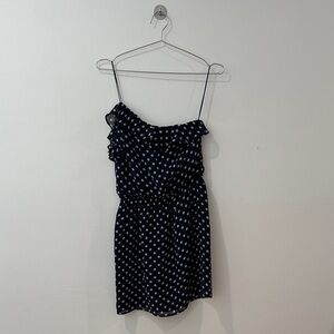 One shoulder Navy Polka Dot Dress with Ruffle Detail